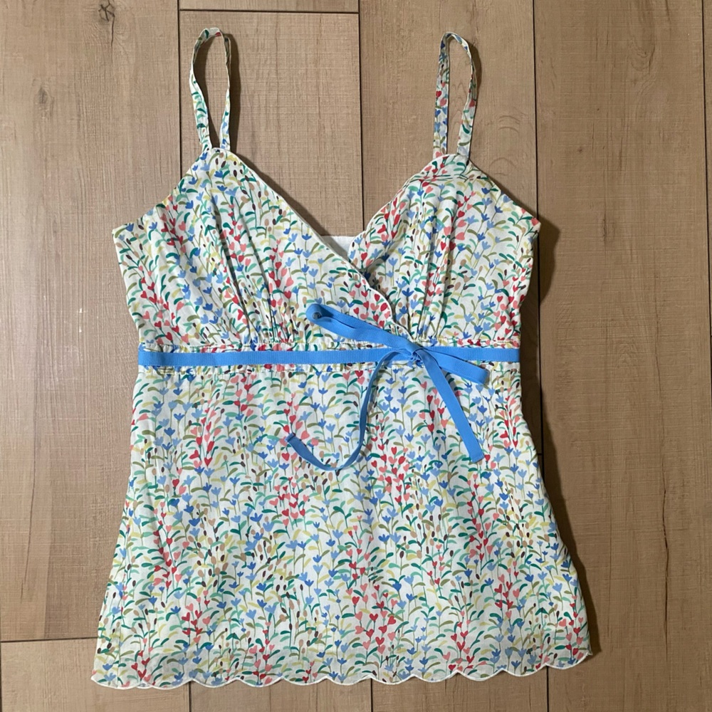 Harold’s Floral Print Spaghetti Strap Top with Blue Ribbon - Size Medium